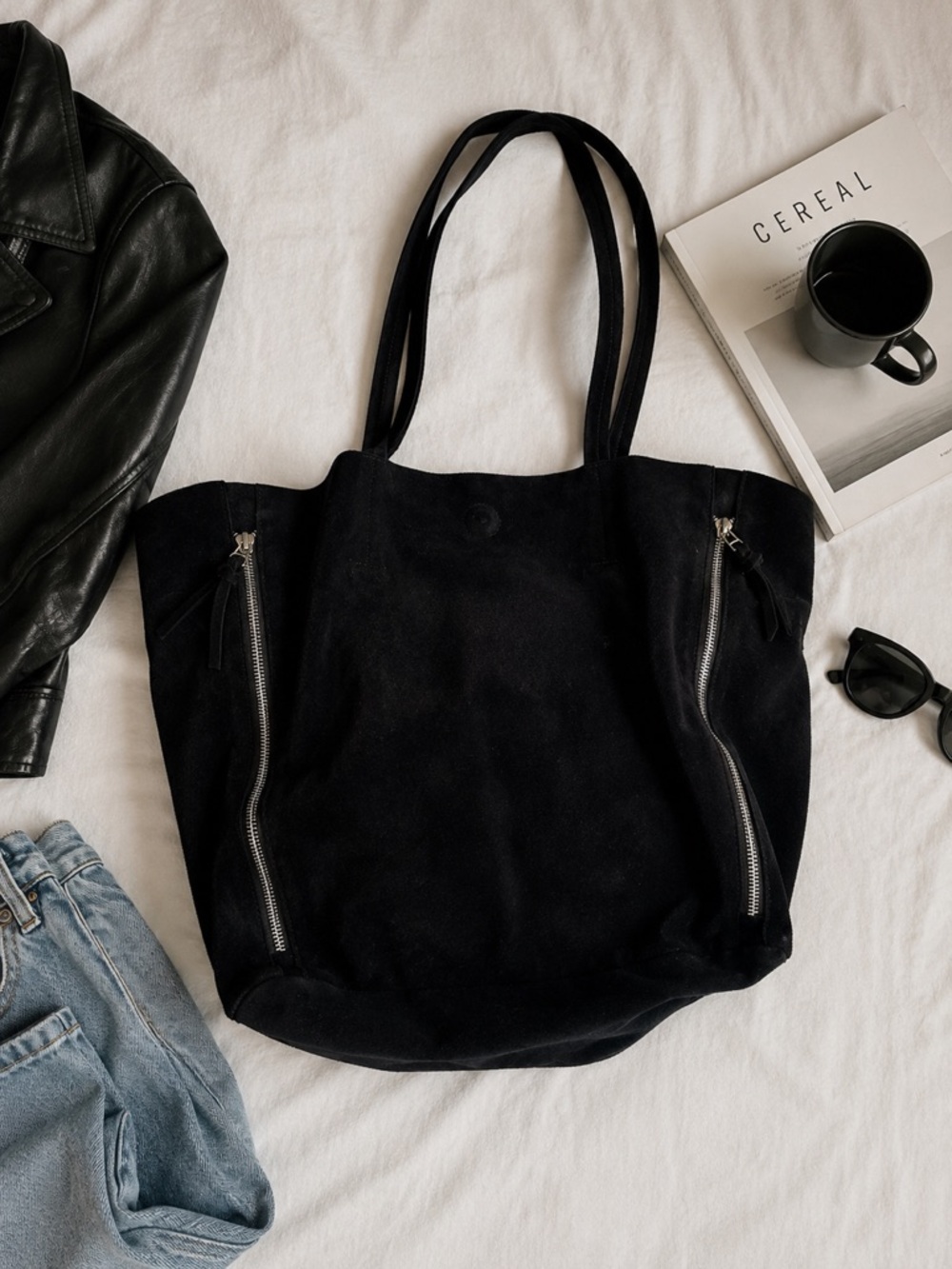 Raj Imports Myla Black Suede Oversized Tote Zippers Slouchy Bag Minimalist Boho